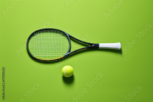 Tennis racket and ball on green background