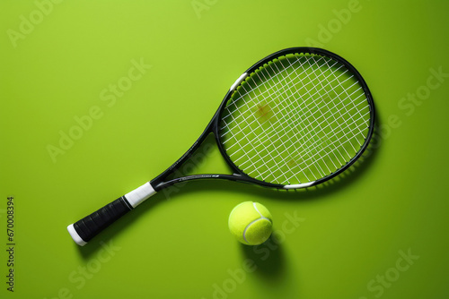 Tennis racket and ball on green background © Neha