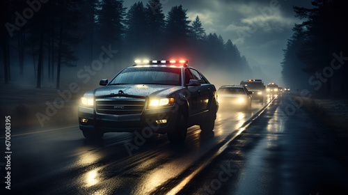 police car at night Police car chasing car at night with fog background photo