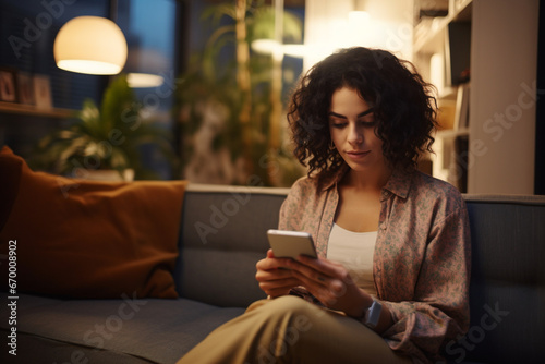 Portrait of Beautiful Caucasian Female Using Smartphone in Stylish Living Room while Resting on Cozy Couch Sofa, Young Woman at Home, Doing Online Shopping, Messaging Friends, Posting on Social Media