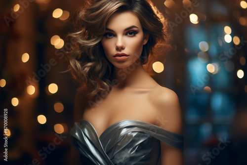 Portrait of Beautiful emotional woman with perfect make-up wearing shiny dress