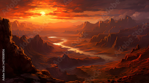 The warm hues of a setting sun cast a mesmerizing glow over vast canyons and their intricate rock formations, creating a stunning and highly detailed epic landscape. © CanvasPixelDreams