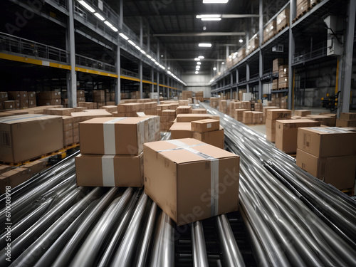 multiple packages of cardboard boxes moving smoothly along a conveyor belt in a warehouse fulfillmen © maxin