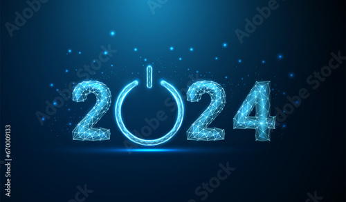 Abstract Happy New Year greeting card with number 2024 and blue power button. Business and ai concept. Low poly style.