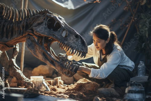 Portrait of Beautiful Paleontologist Cleaning Tyrannosaurus Dinosaur Skeleton with Brushes, Archeologists Discover Fossil Remains of New Predator Species, Archeological Excavation Digging Site © alisaaa