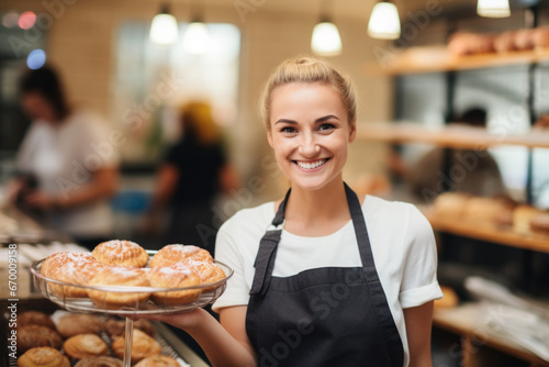 Portrait of Beautiful smiling bakery worker selling fresh pastry to the customer in bakery shop