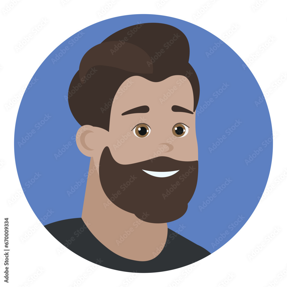Man with beard avatar. Dark hair, dark eyes, caucasian. Vector flat