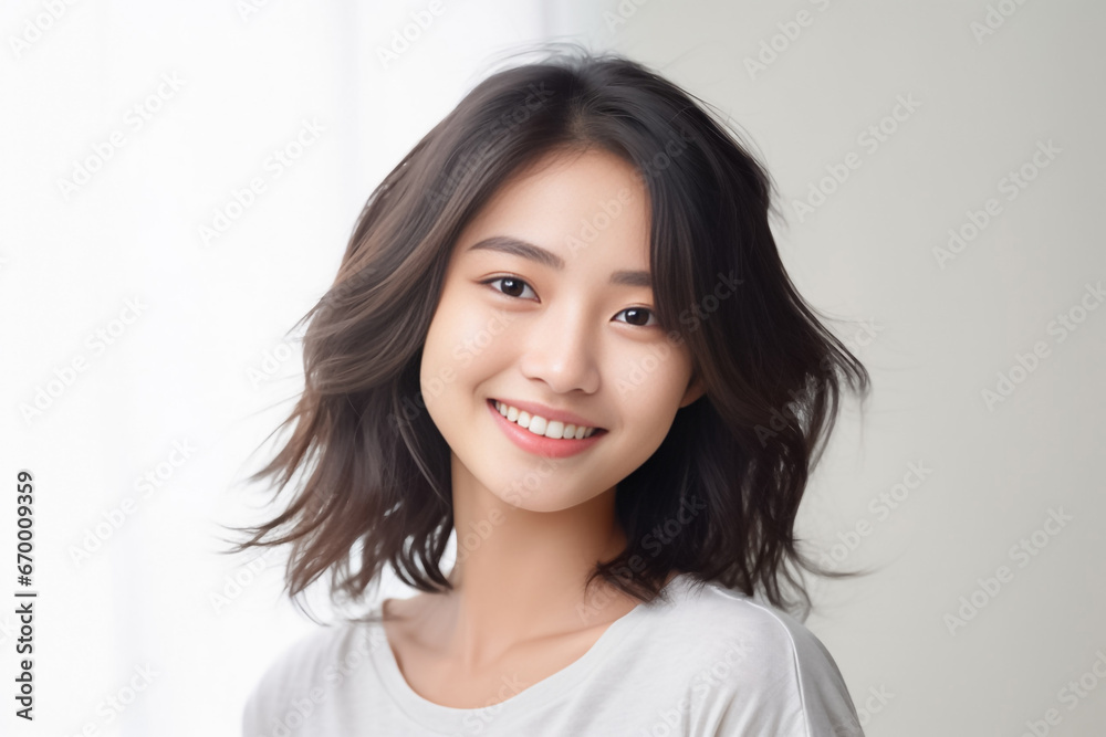 An Asian girl with captivating big eyes, a short bobtail hairstyle, and a subtle smile exudes cuteness and innocence against a semi desaturated gray backdrop. Generative AI. An Asian girl with captivating big eyes, a short bobtail hairstyle, and a subtle smile exudes cuteness and innocence against a semi desaturated gray backdrop. Generative AI.