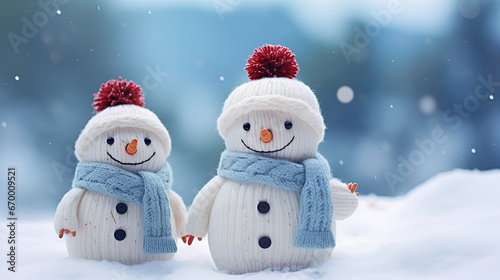 Generative AI. Two crocheted snowmen in warm hats and scarves on the street © eleonora_os