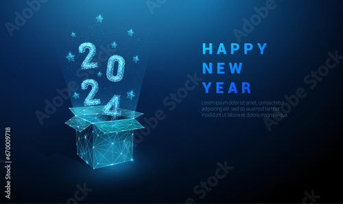 Abstract open gift box and flying numbers 2024, blue stars. Low poly style design.