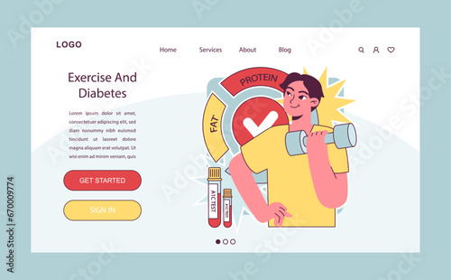 Diabetes and exercise web banner or landing page. Glucose monitoring, glycemic index. Hyperglycemia or hypoglycemia treatment, insulin therapy. Endocrinology system disease. Vector illustration