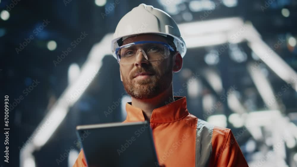 Satisfied factory inspector working tablet standing at production close up. 