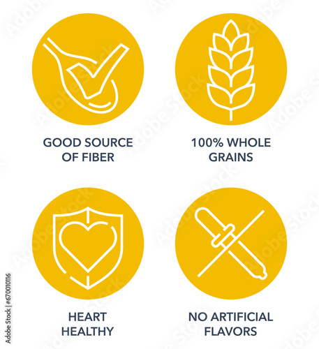 Icons set for breakfast cereals, in yellow circles