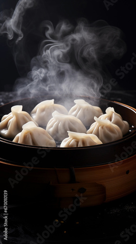 Chinese dumplings on a plate. Steaming asian dish with black background in restaurant and traditional bowl.