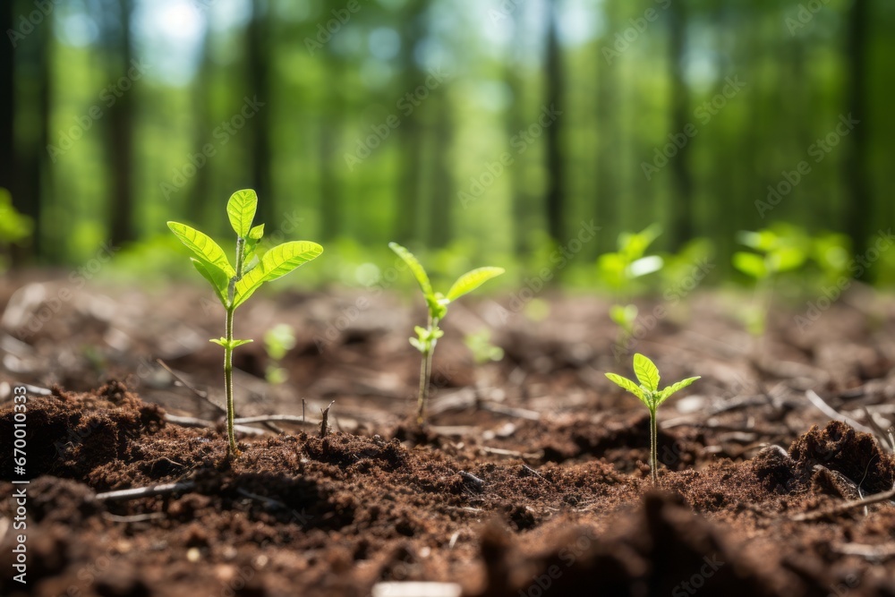 A fresh start in the forest's rejuvenation journey. Saplings and new vegetation emerging as nature begins to reclaim A fresh start in the forest's rejuvenation journey. Saplings and new vegetation emerging as nature begins to reclaim