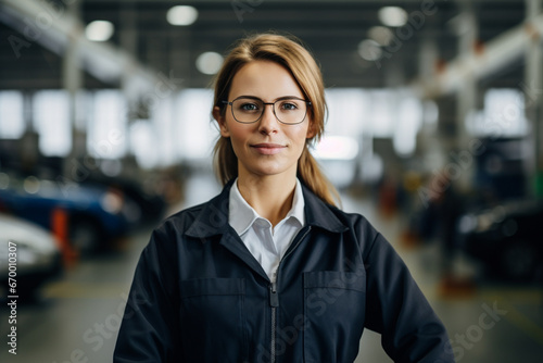 Portrait of confident supervisor with hands in jacket's pockets, Female engineer is standing in industry, Smiling professional is in automobile showroom