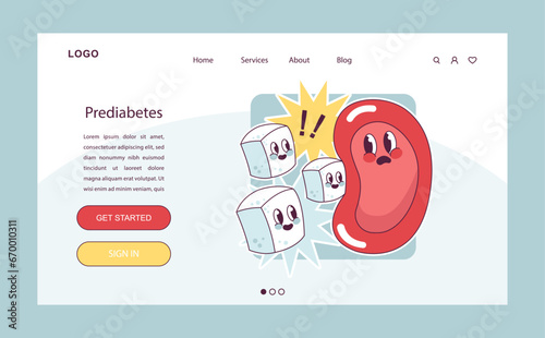 Prediabetes web banner or landing page. Sugar blood increase. Glucose monitoring, glycemic index. Hyperglycemia or hypoglycemia prevention. Endocrine system disease. Vector illustration