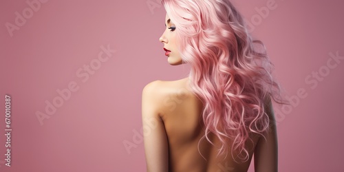 young woman with pastel pink hair, photo for hair dye advertising. Pink background