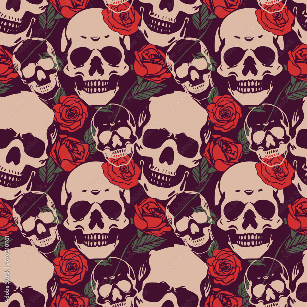 Fototapeta premium Skulls and red roses seamless stylized pattern.