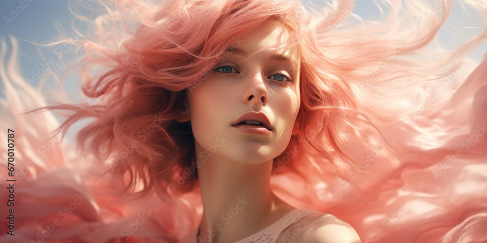 Beautiful modern girl with pink hair. Healthy hair advertising. Generative AI Beautiful modern girl with pink hair. Healthy hair advertising. Generative AI
