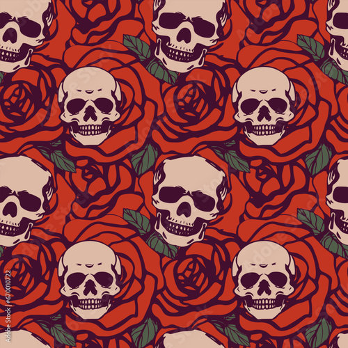 Little skulls on a background of roses seamless pattern.Gothic ornament.