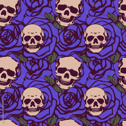 Seamless vector pattern with skulls on violet rose background.