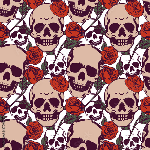 Skulls and roses seamless vector pattern.