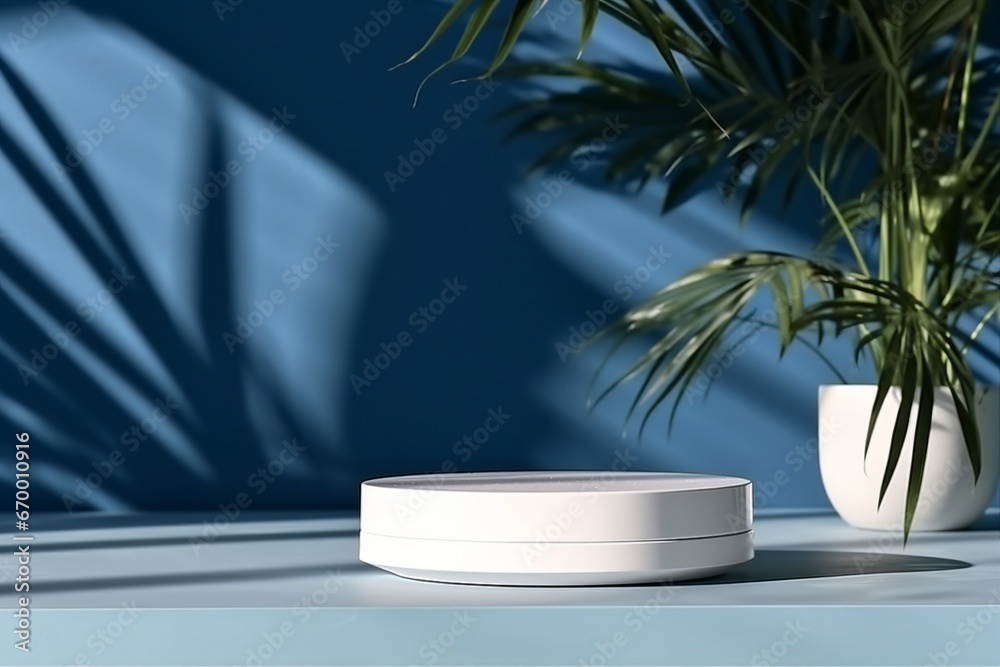 Minimal abstract blue and white background for eco cosmetic product presentation. Cylindrical white scene. Premium podium with a shadow of tropical palm leaves. Empty showcase. generative ai Minimal abstract blue and white background for eco cosmetic product presentation. Cylindrical white scene. Premium podium with a shadow of tropical palm leaves. Empty showcase. generative ai