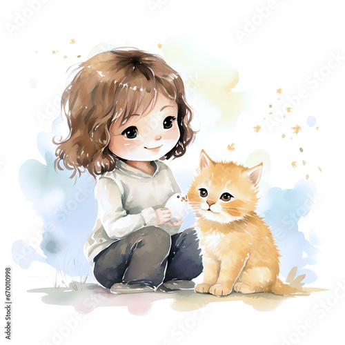Cute soft watercolor illustration of a little girl playing with a kitty, simple, minimalist, white background