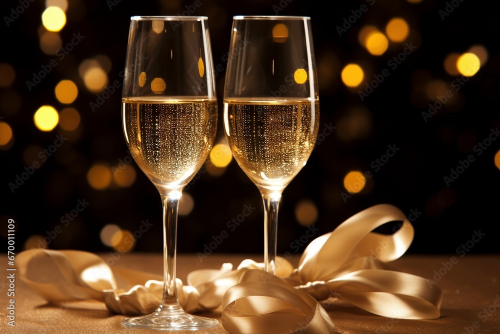 Elegant Happy New Year Mock-Up Background with Shimmering Lights, Champagne Glasses, and Decorations for Celebratory Atmosphere Elegant Happy New Year Mock-Up Background with Shimmering Lights, Champagne Glasses, and Decorations for Celebratory Atmosphere