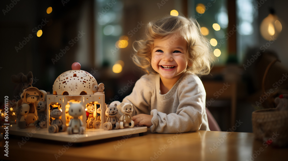 Portrait of happy cute girl playing with wooden toy on the table