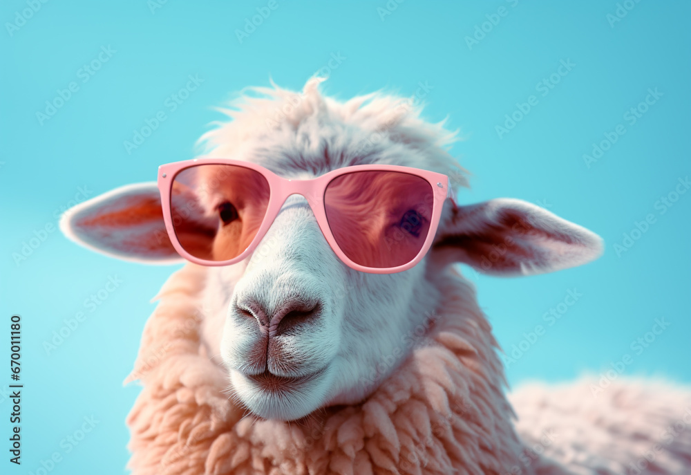 Portrait of a sheep wearing sunglasses on a background of blue sky. Funny sheep with sunglasses on blue background. Photo in old color image style.