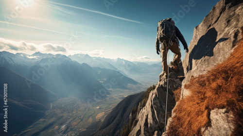 Adventurous hiker ascending a rocky mountain ridge at sunrise. Mountaineer on a cliff edge with a breathtaking mountain view. Trekking and wanderlust moment in mountain. Solo ascension, on a vertical