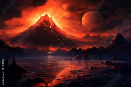 A surreal scene with a volcanic eruption, water boom, lava smoke, mountains, sunset, fantasy, dreamlike imaginary world, moon in the sky, and mysterious atmosphere. Generative AI