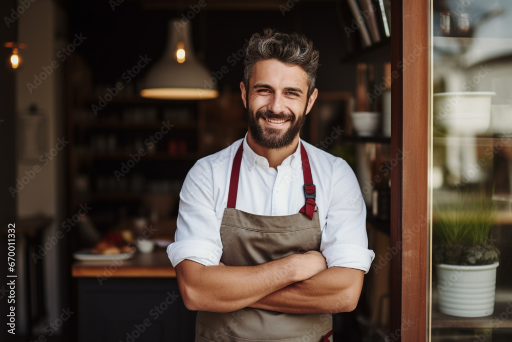 Portrait of handsome young male owner with arms crossed, Smiling bearded entrepreneur is wearing apron, He is standing at doorway Portrait of handsome young male owner with arms crossed, Smiling bearded entrepreneur is wearing apron, He is standing at doorway