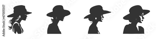 Silhouettes of a beautiful young woman wearing hat. Vector illustration