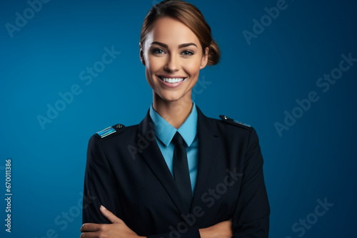 Portrait of Happy Beautiful stewardess showing something on blue background photo
