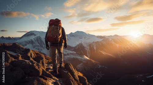 Adventurous hiker ascending a rocky mountain ridge at sunrise. Mountaineer on a cliff edge with a breathtaking mountain view. Trekking and wanderlust moment in mountain. Solo ascension, on a vertical photo