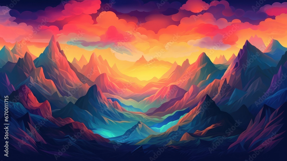 A colorful fantasy landscape with mountains and a planet. Created with Generative AI tools.
