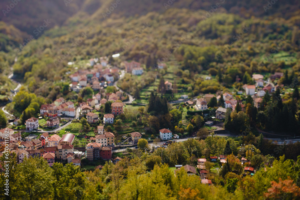 Panoramic view from above, from the throne to the valley in the mountains. A small village in the Alps. Colored houses, tiled roofs, a road and a river. Europe