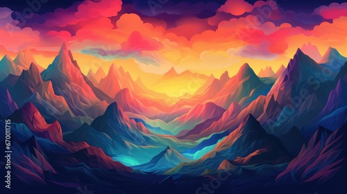 A colorful fantasy landscape with mountains and a planet. Created with Generative AI tools. © Dara