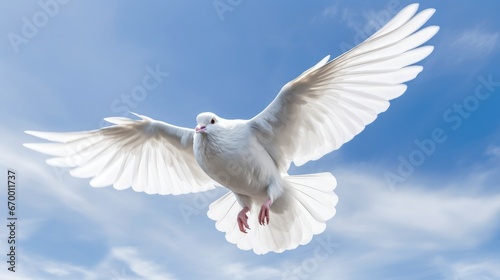 White dove with outstretched wings on blue sky