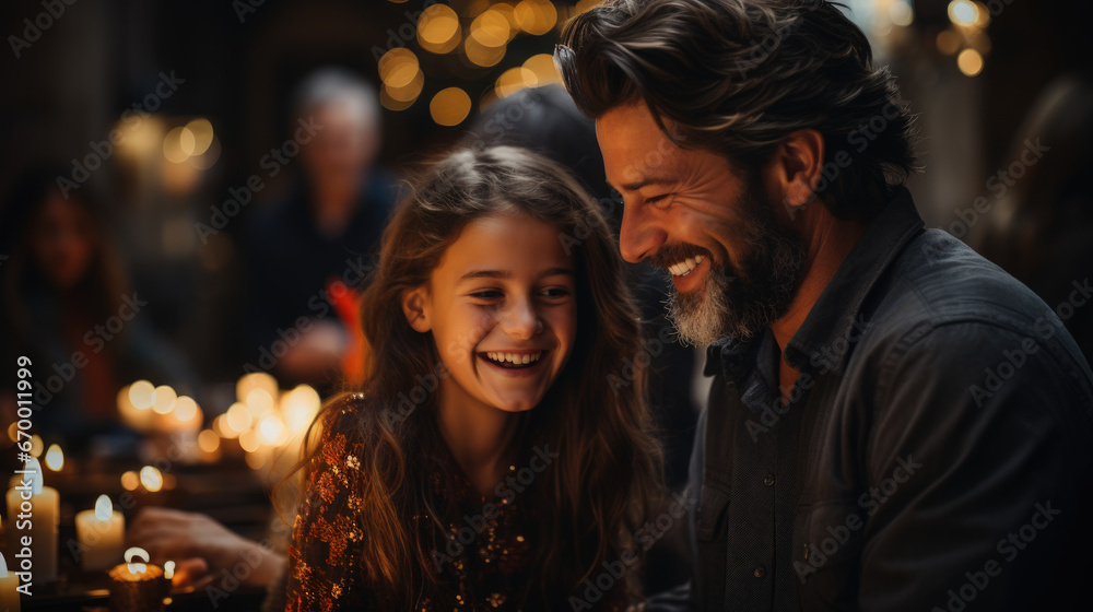 Father and daughter sharing a joyful moment by the Christmas tree. Family christmas