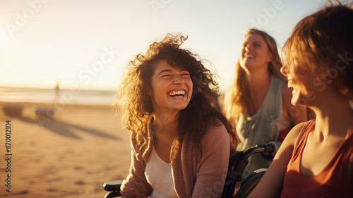Girl in a Wheelchair smile happiness with friends in summertime. Joyful moments among friends at the beach  inclusivity and happiness.