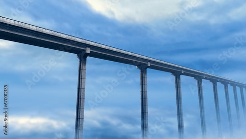 A large long span concrete bridge seen in perspective crosses the sky above the clouds. 3D Rendering