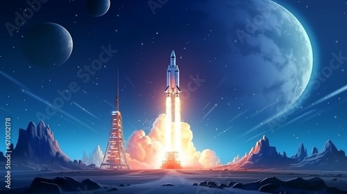 Successful rocket launch into space on the background of a full moon with craters and stars. Spaceship shuttle lift off into outer space, start of space mission concept 