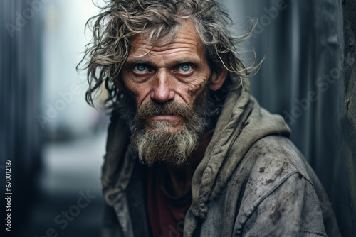 Portrait of homeless man in the street