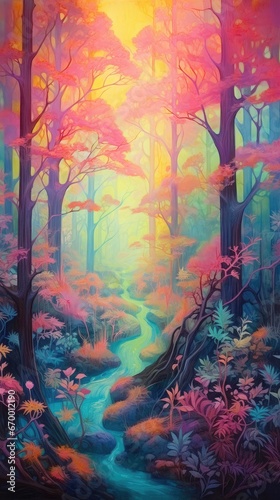 A forest with a hidden fairy village. Fantasy concept , Illustration painting. Generative AI
