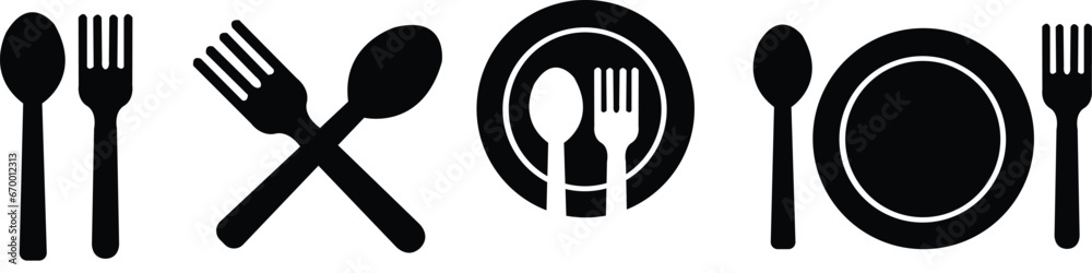Set of Spoon, fork and plate restaurant icons simple Fill vectors illustration. Lunch dinner symbols. Spoon and fork for eating flat icon for apps and websites isolated on transparent background. Set of Spoon, fork and plate restaurant icons simple Fill vectors illustration. Lunch dinner symbols. Spoon and fork for eating flat icon for apps and websites isolated on transparent background.