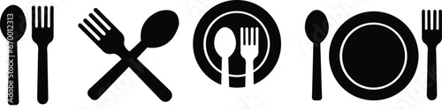 Set of Spoon, fork and plate restaurant icons simple Fill vectors illustration. Lunch dinner symbols. Spoon and fork for eating flat icon for apps and websites isolated on transparent background.